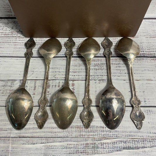 Set Of 6 Russian MHU Silver Plate Soup Spoons w/ Brown Case