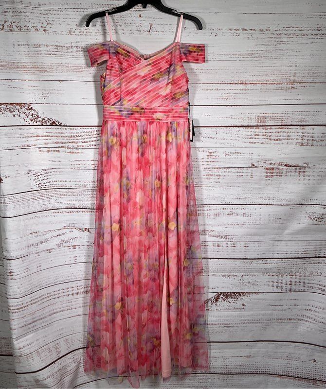 NWT Adrianna Papell Sweat Pea Print Tulle Off Shoulder Gown Size 4 Retail $279