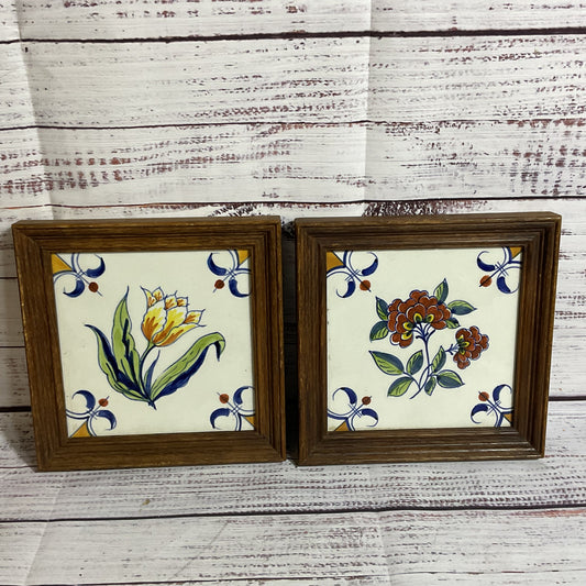 Set of 2 VTG. ROYAL DELFT De Porceleyne Fles Floral Tiles with Frame- Tile 5.25"