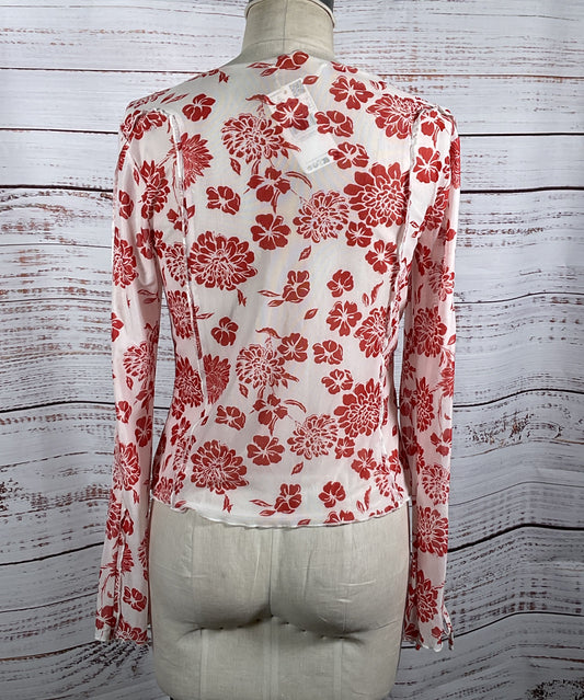 Mango Floral Print Long Sleeve Shirt Red White L