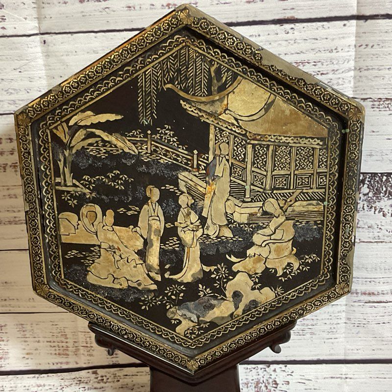 ANTIQUE Chinese Qing Dynasty Wood Metallic Inlaid Lacquer Decorative Piece-11.5"