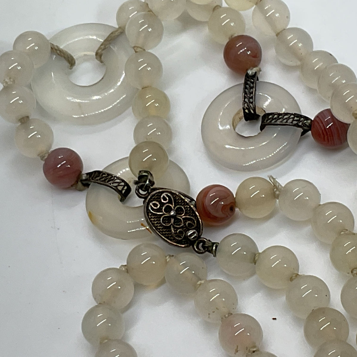 VTG. Sterling Silver Jade Beaded Necklace- 28.5"