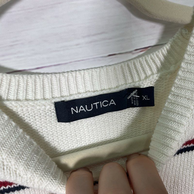 Nautica 100% Cotton Blue & Red Striped White Knit Crewneck Sweater - Size XL