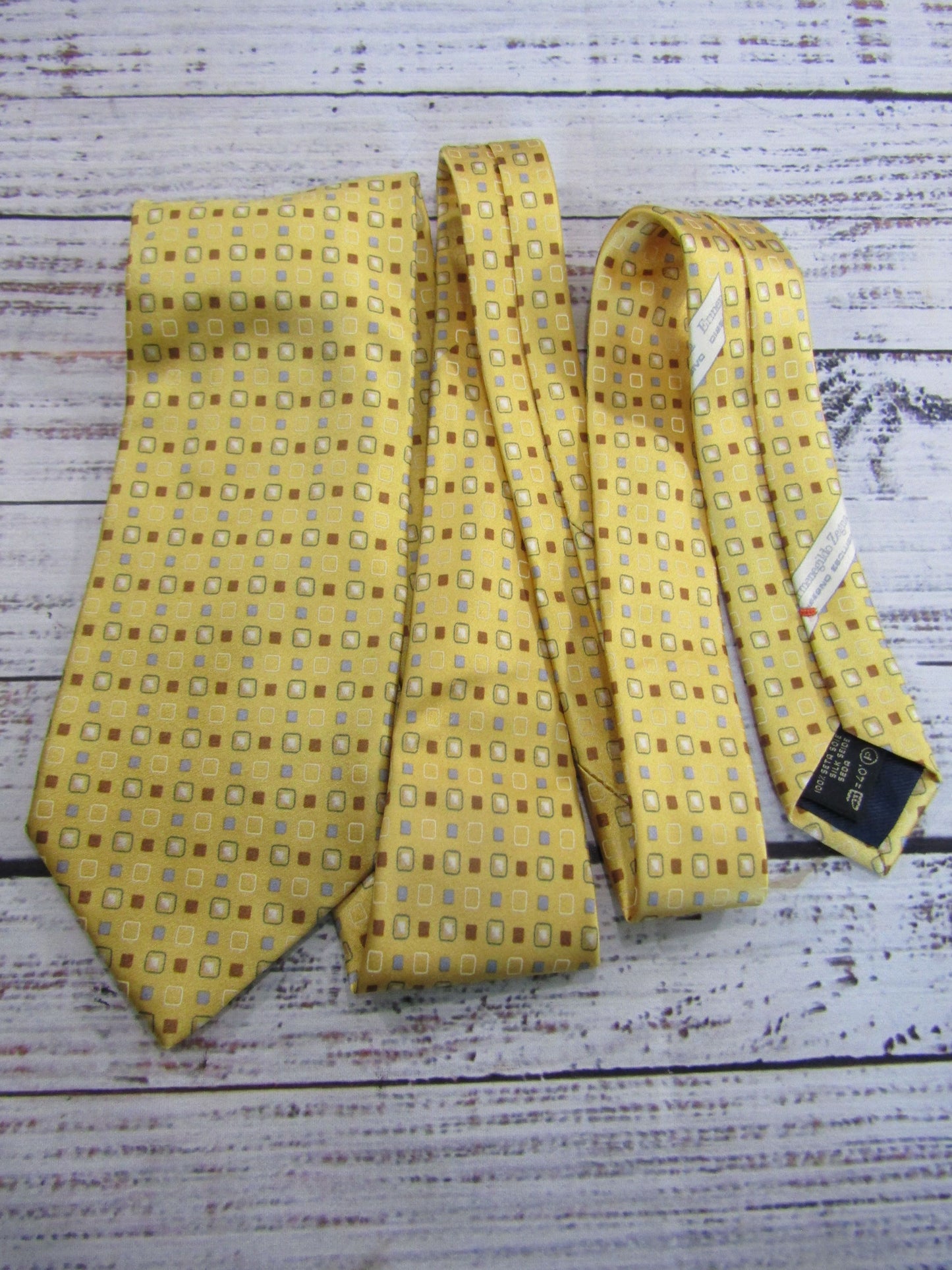 Ermenegildo Zegna Men's Yellow Square Print Silk Tie Made in Italy
