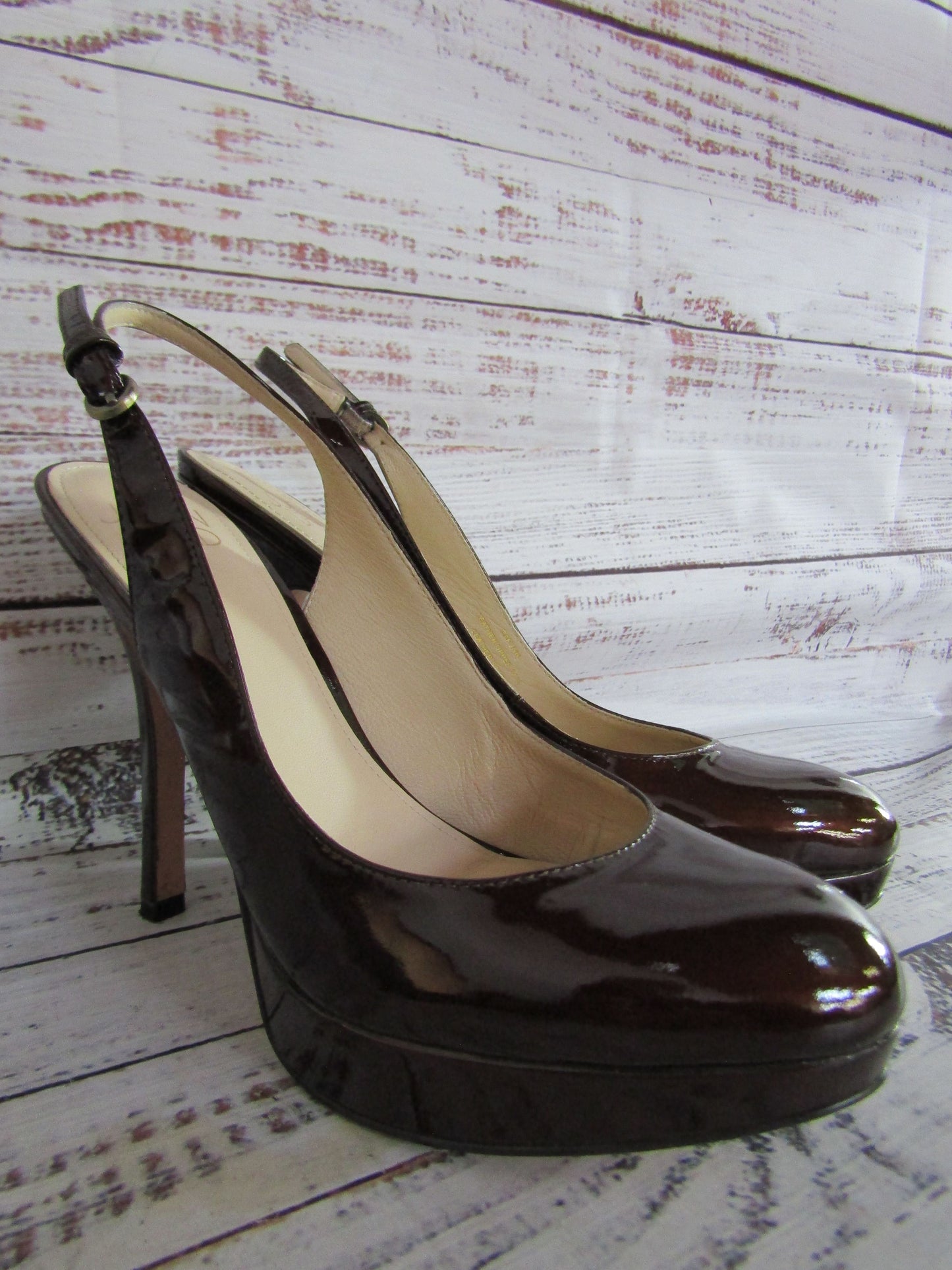 Joan & David Funn Women's Brown Patent Leather Slingback Heel Sandals Size 6.5
