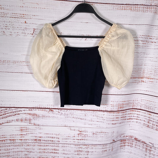 Miou Muse Black Stretch Knit White Puff Sleeve Crop Top - Size S