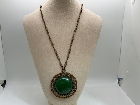 VTG. Mexico Brass Chain and Large Agate Round Pendant- 26"