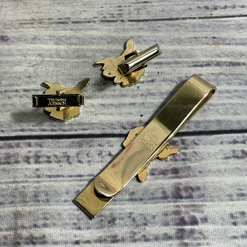 Kinney Blue Enamel/Gold Tone Metal Alaska State Outline Cufflinks & Tie Bar Set