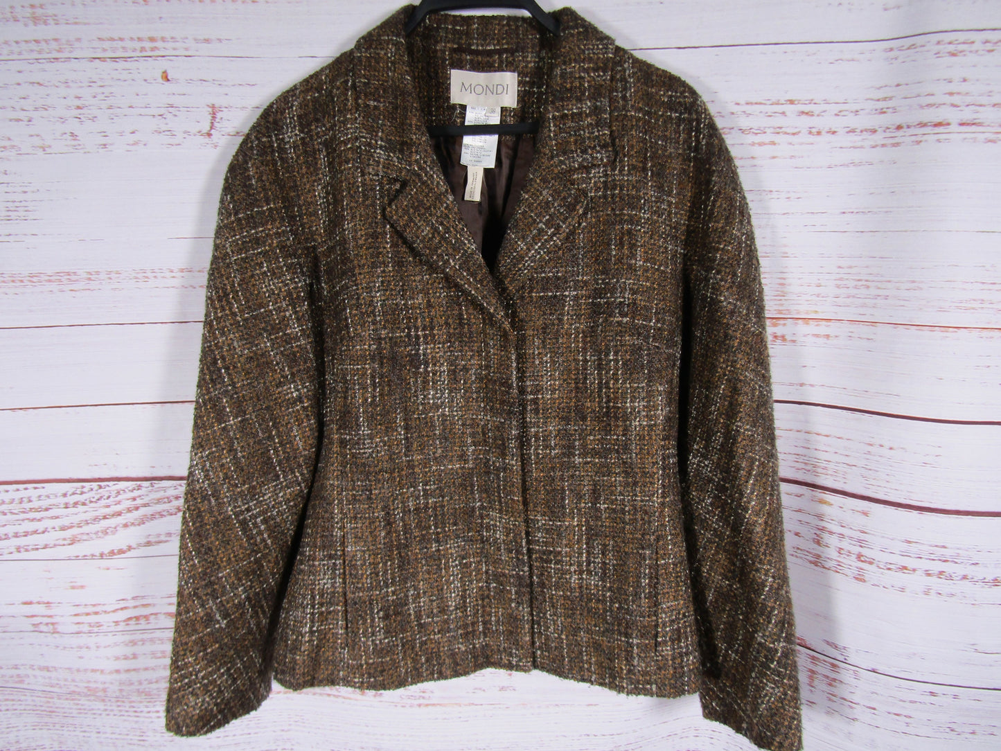 Vintage Mondi Women's Brown Tweed Wool Blend Blazer Jacket Size 38