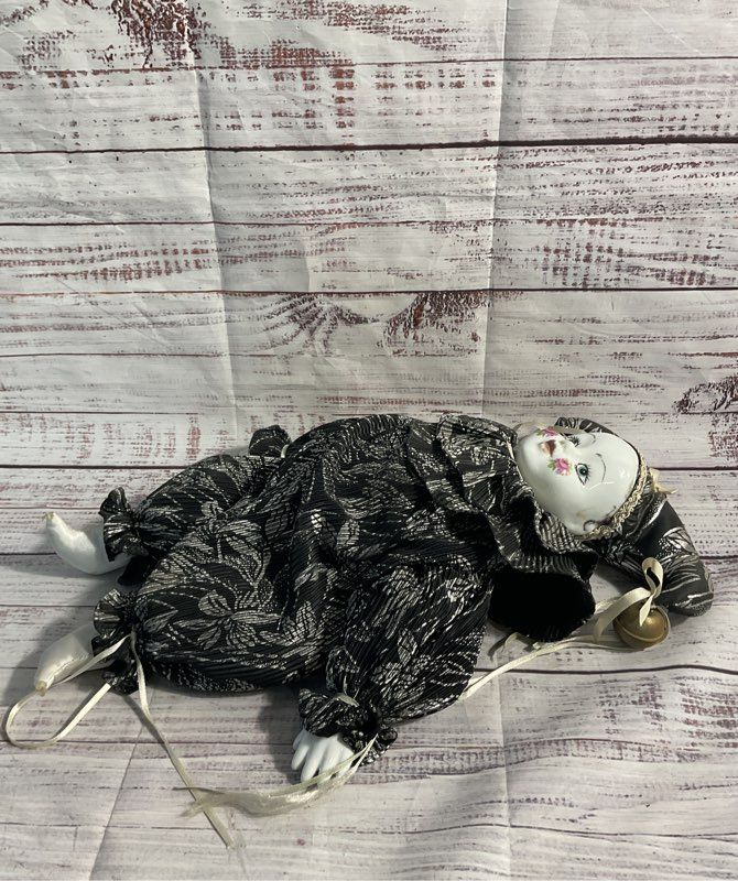 Vintage Porcelain Clown Doll Harlequin Floral Cheeks Black Silver Attire 17"