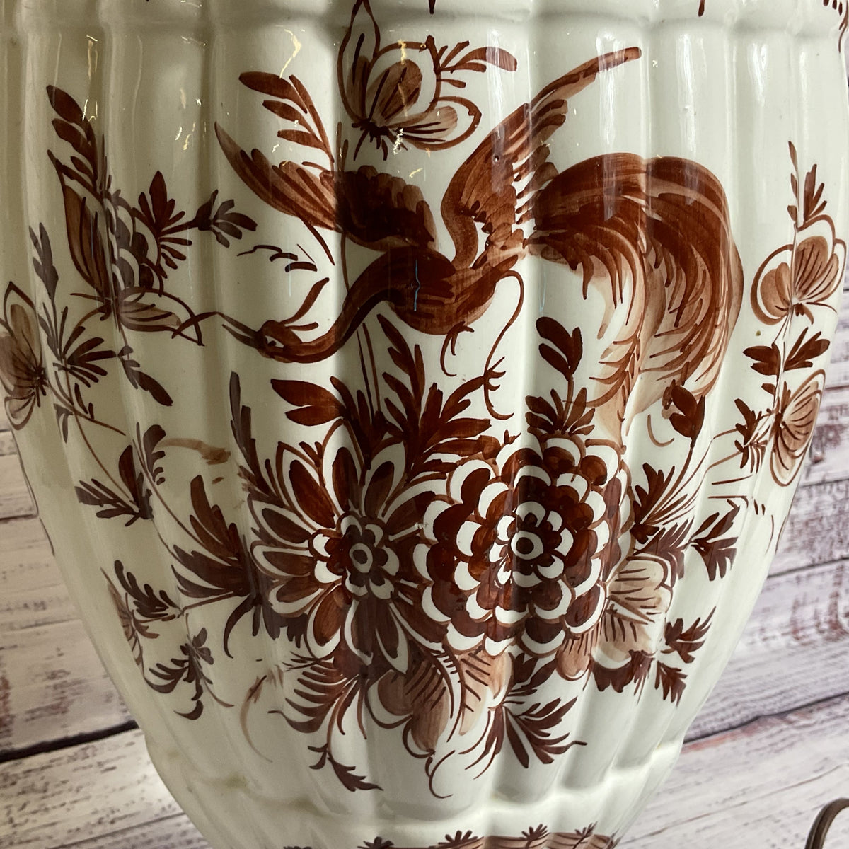 ANTIQUE Japanese Ginger Jar Hand Painted Brown Crane & Floral Lamp- 31"