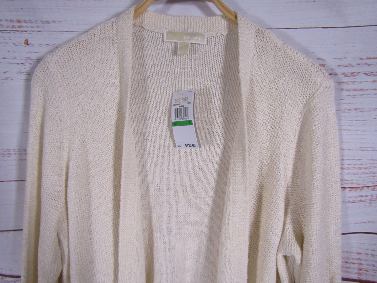 Michael Kors Women's Cream Crochet Knit Open Fringe Cardigan Sweater Size L