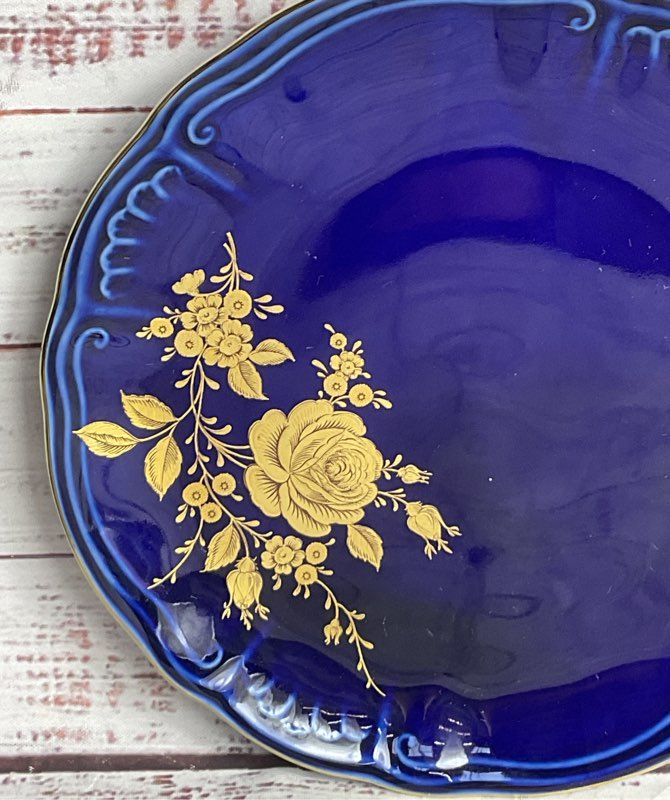 Bareuther Waldsassen Echt Vintage 22K Gold Germany Dessert Plate Cobalt