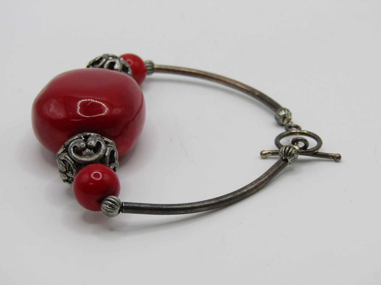 6" Red Coral Sterling Silver Clasp Toggle Bracelet