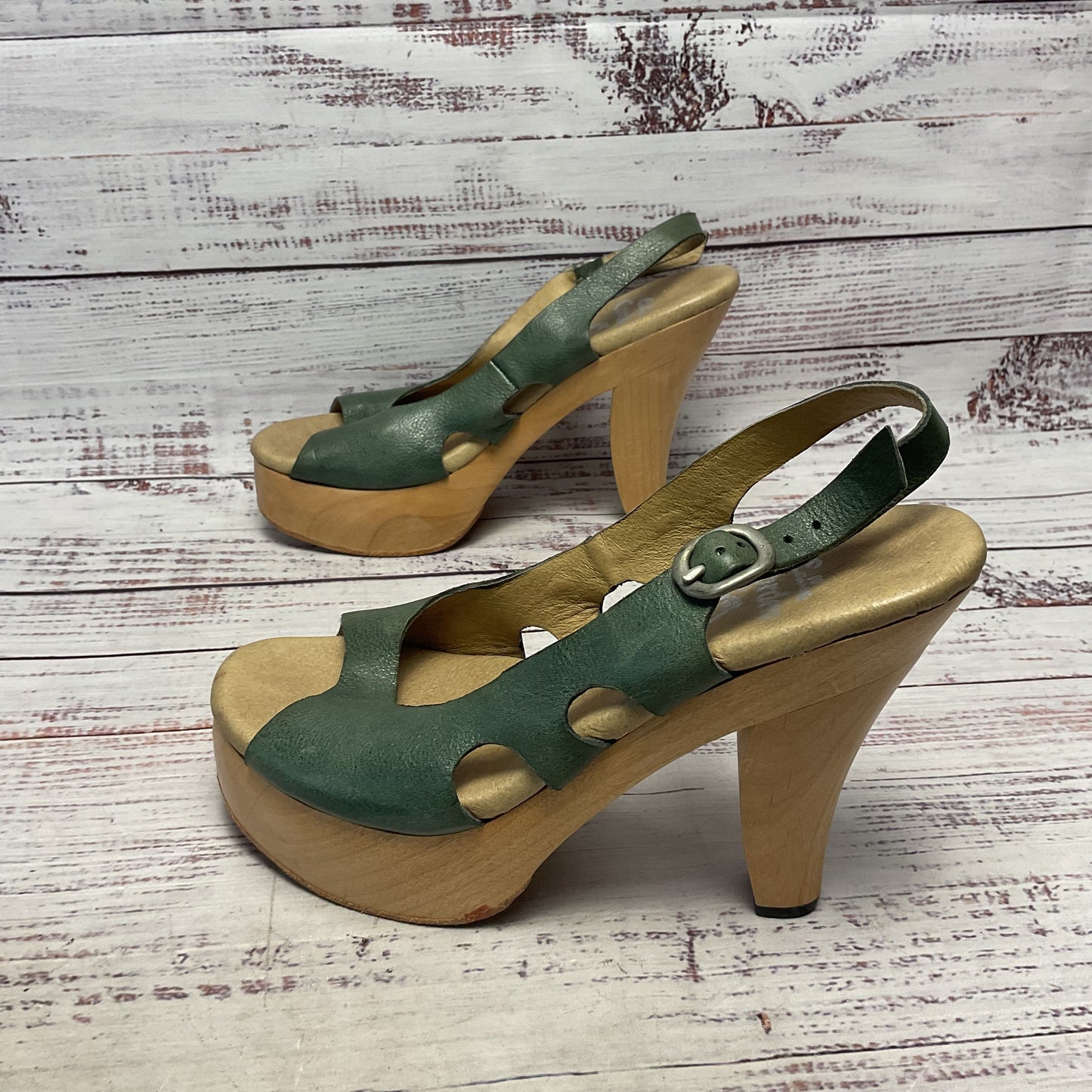 Colleen Cordero Green Leather Wooden Clog Platform Heel Women Size 7
