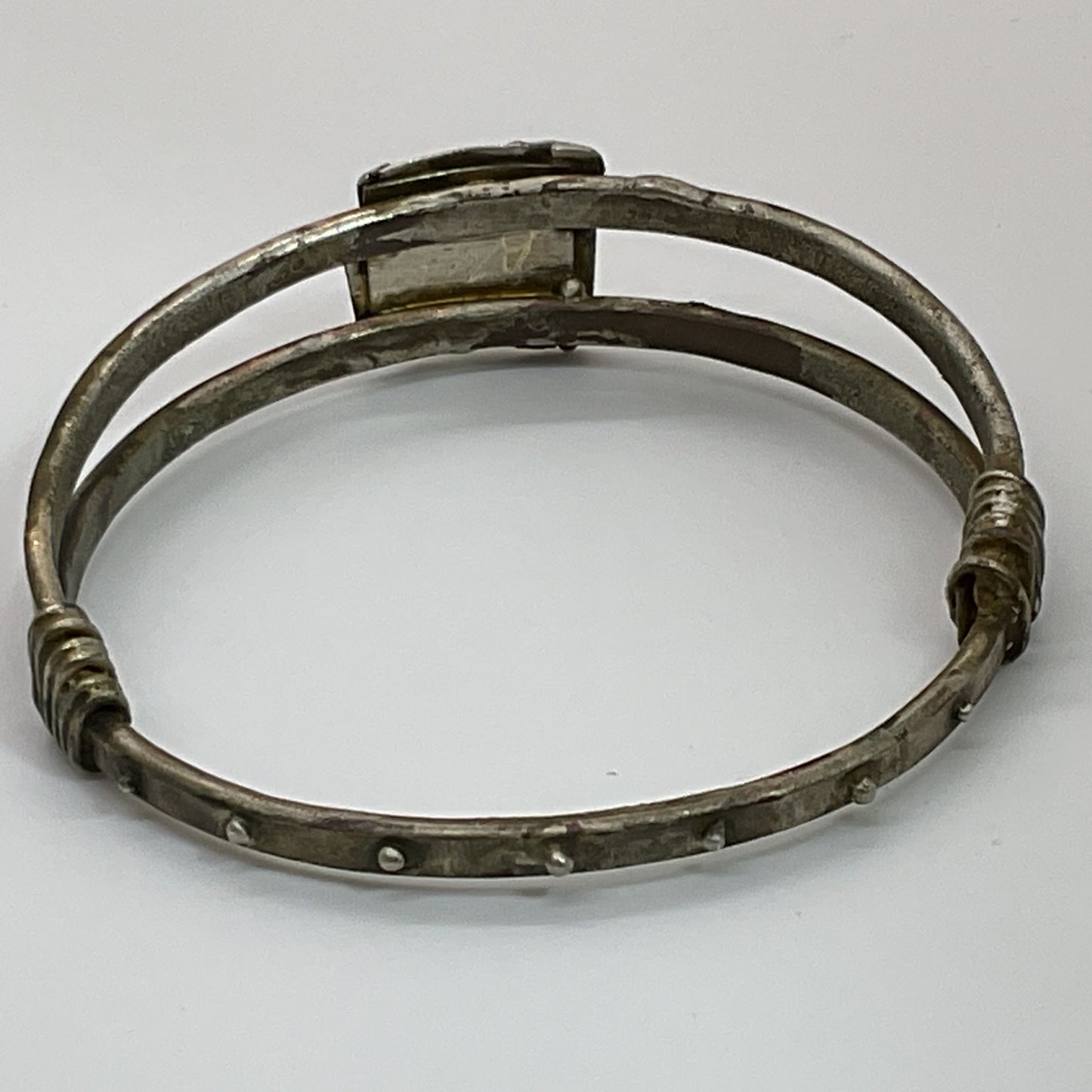 VTG. Signed Silver Plated Brutalist Bangle Braceet- 7.75"