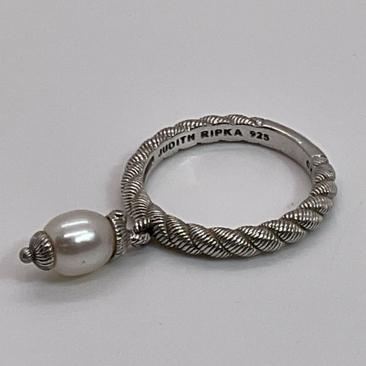 JUDITH RIPKA Sterling Silver Rope Band Pearl Dangle Charm SZ 8 Ring- 4.14g