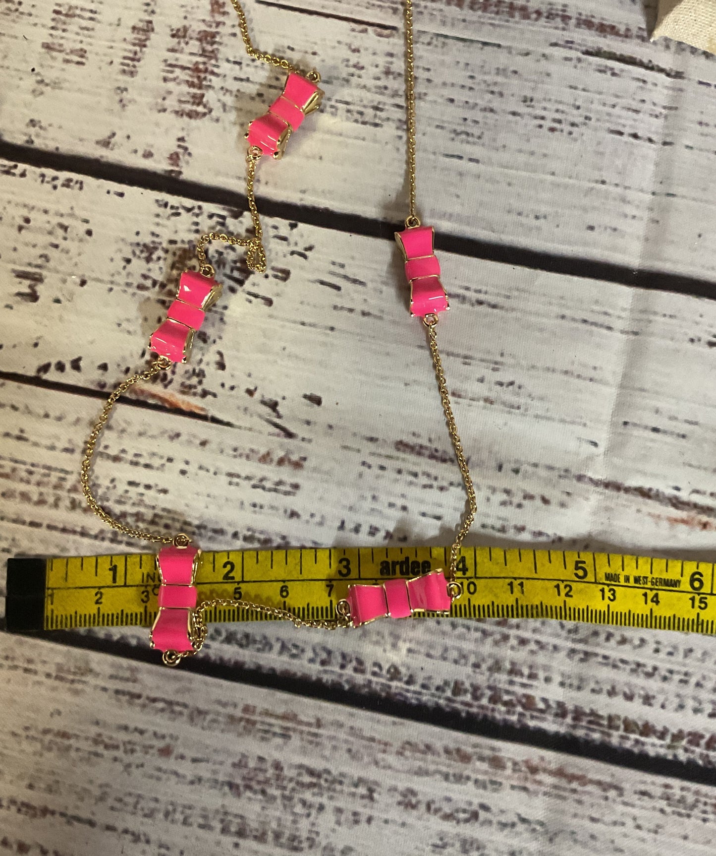 Kate Spade Gold Tone Hot Pink Enamel Bow Long Chain Necklace