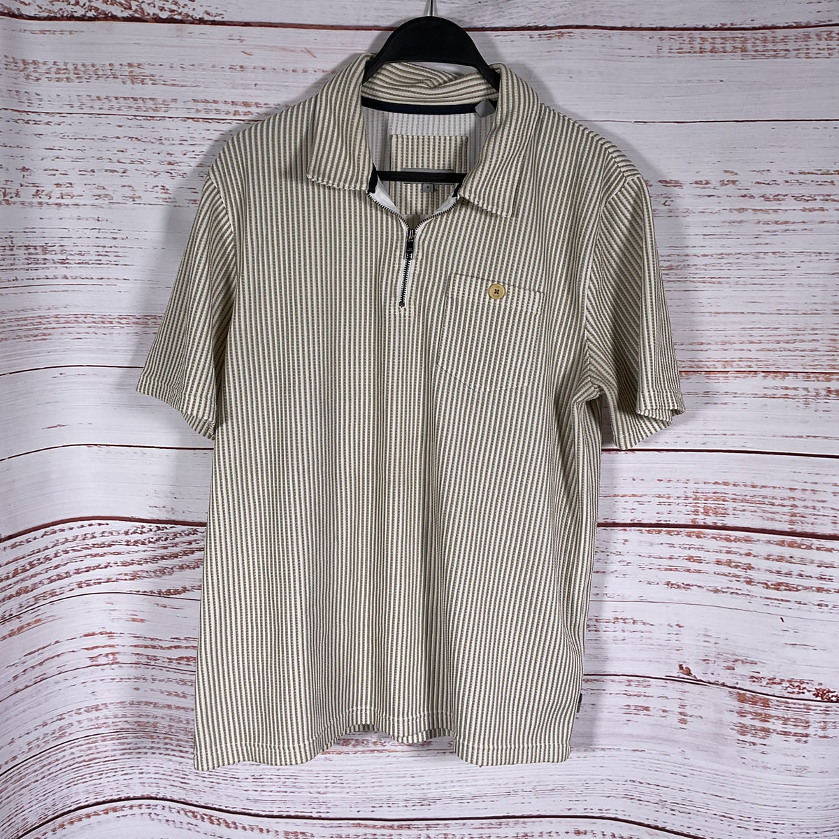 Ted Baker White Tan Striped Ribbed Knit Quarter Zip Polo Shirt - Size 4