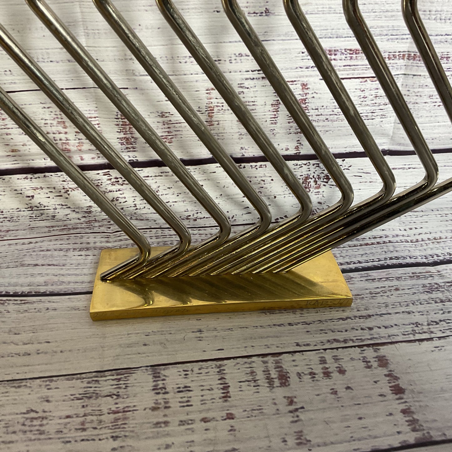 VTG. Mid Century KARSHI 24K Gold Plated and Stainless Steel Menorah- 8" x 9.5"