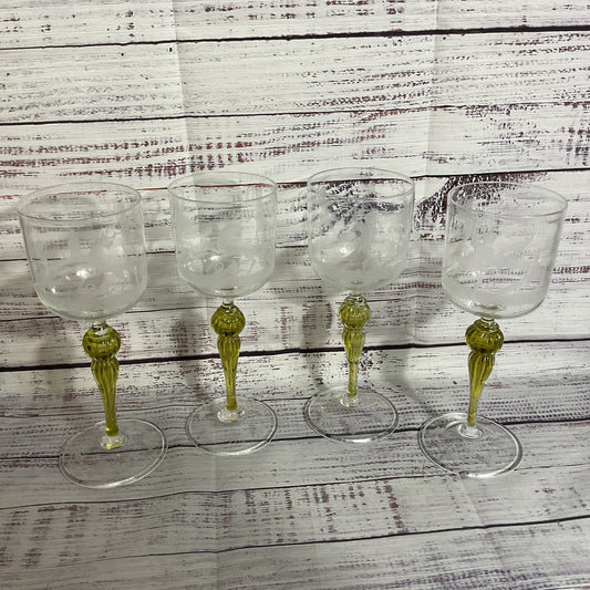 Set of 4 VTG./ANTIQUE SALVIATI Italy Murano Long Stem Etched Wine Glassware- 8"