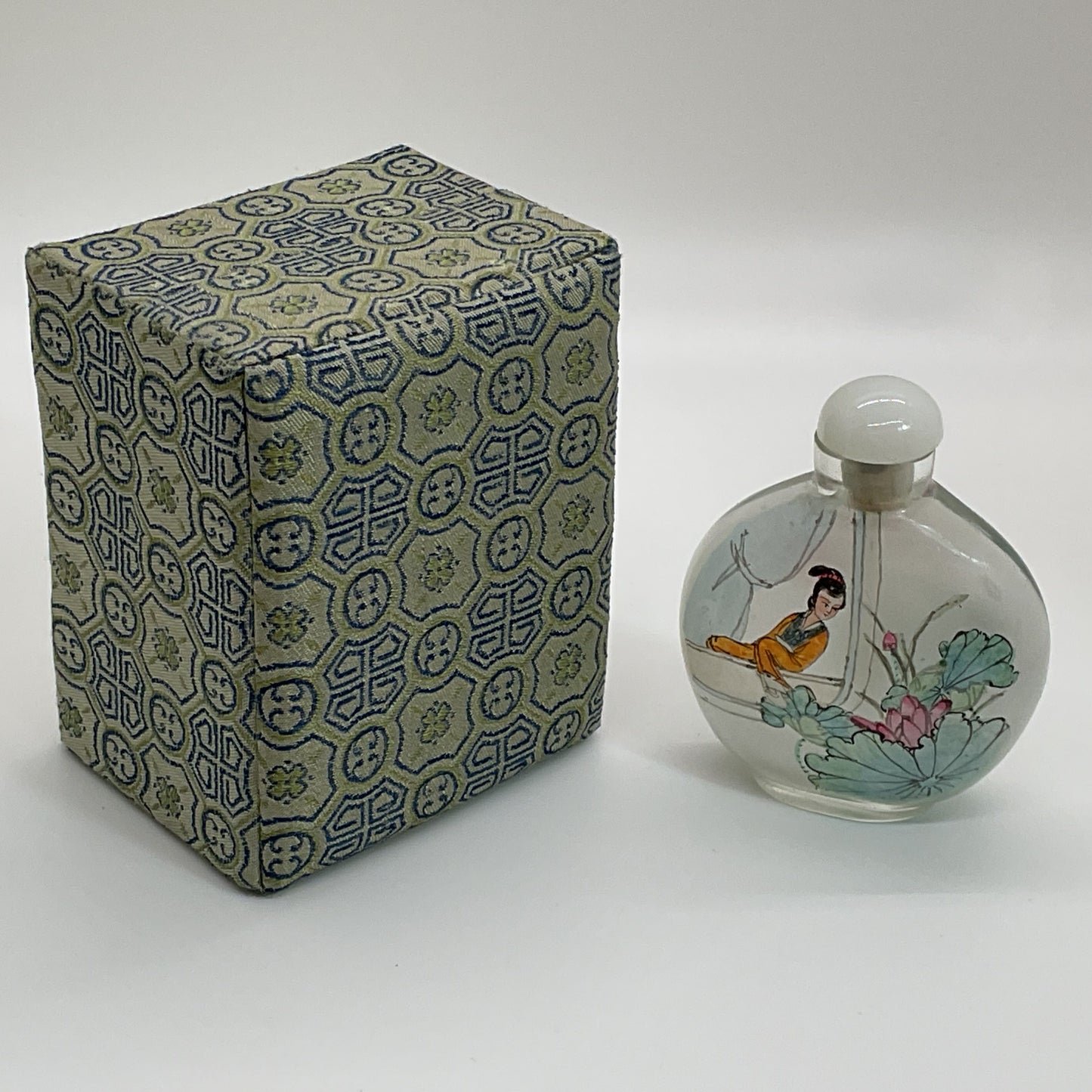 VTG./ANTIQUE Chinese Inside Reverse Painted Glass Snuff Bottle with Box- 2.5"