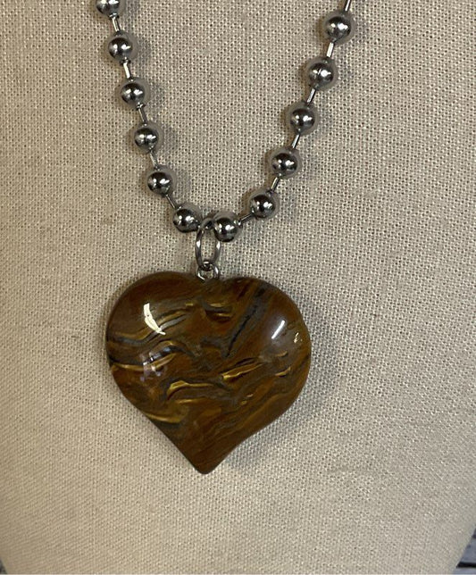 Arcanum Silver Tone Chain Necklace with Tiger Iron Heart Pendant