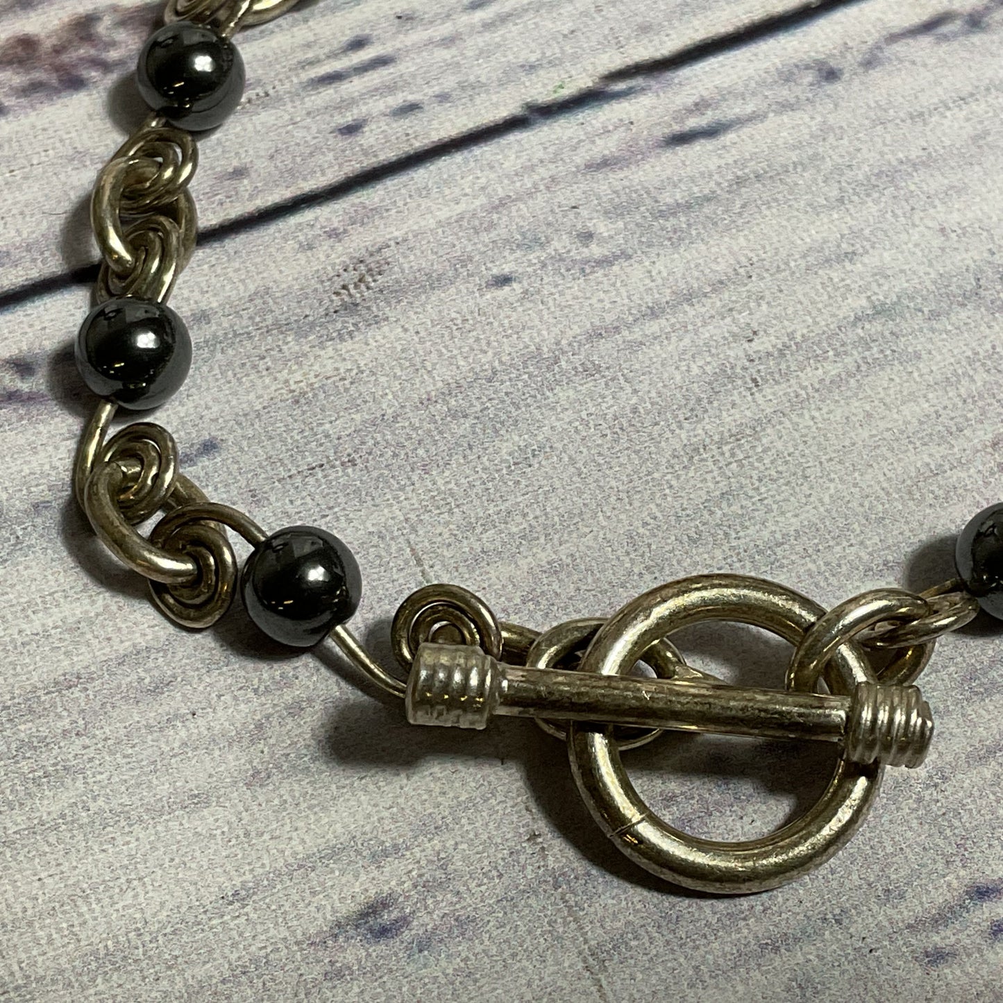 Sterling Silver & Hematite Beaded 7.5" Bracelet- 15.0g