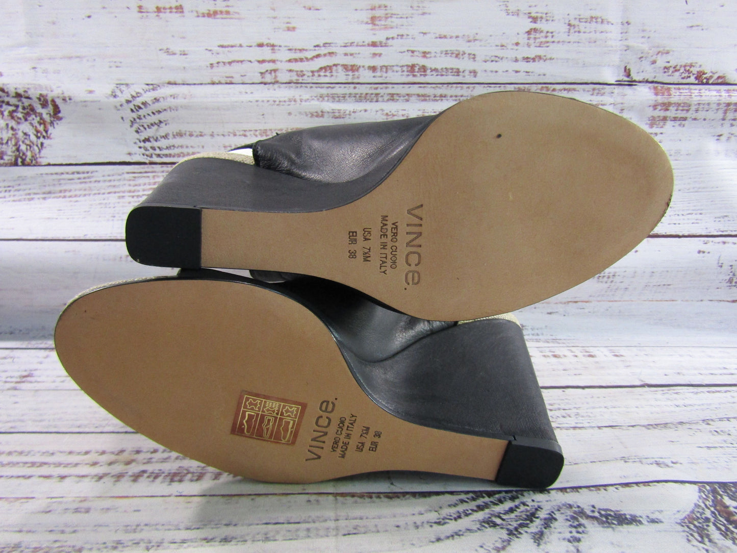 Vince Kostel Women's Black Leather Wedge Sandals Size 7.5 Made in Italy
