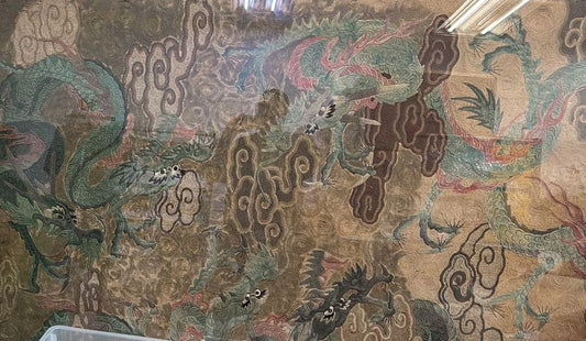 Large ANTIQUE Asian Japanese or Chinese Dragon Silk Tapestry Acrylic Frame- 127"