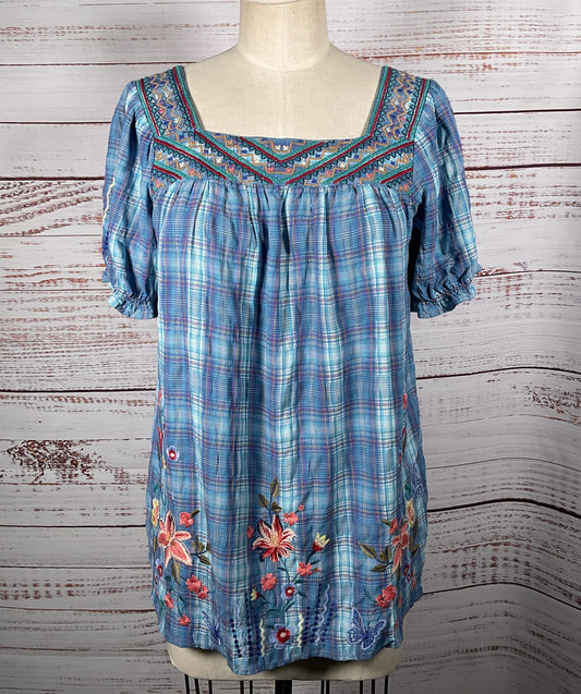 Johnny Was Aimee Puff Sleeve Floral Embroidered Top Blue S