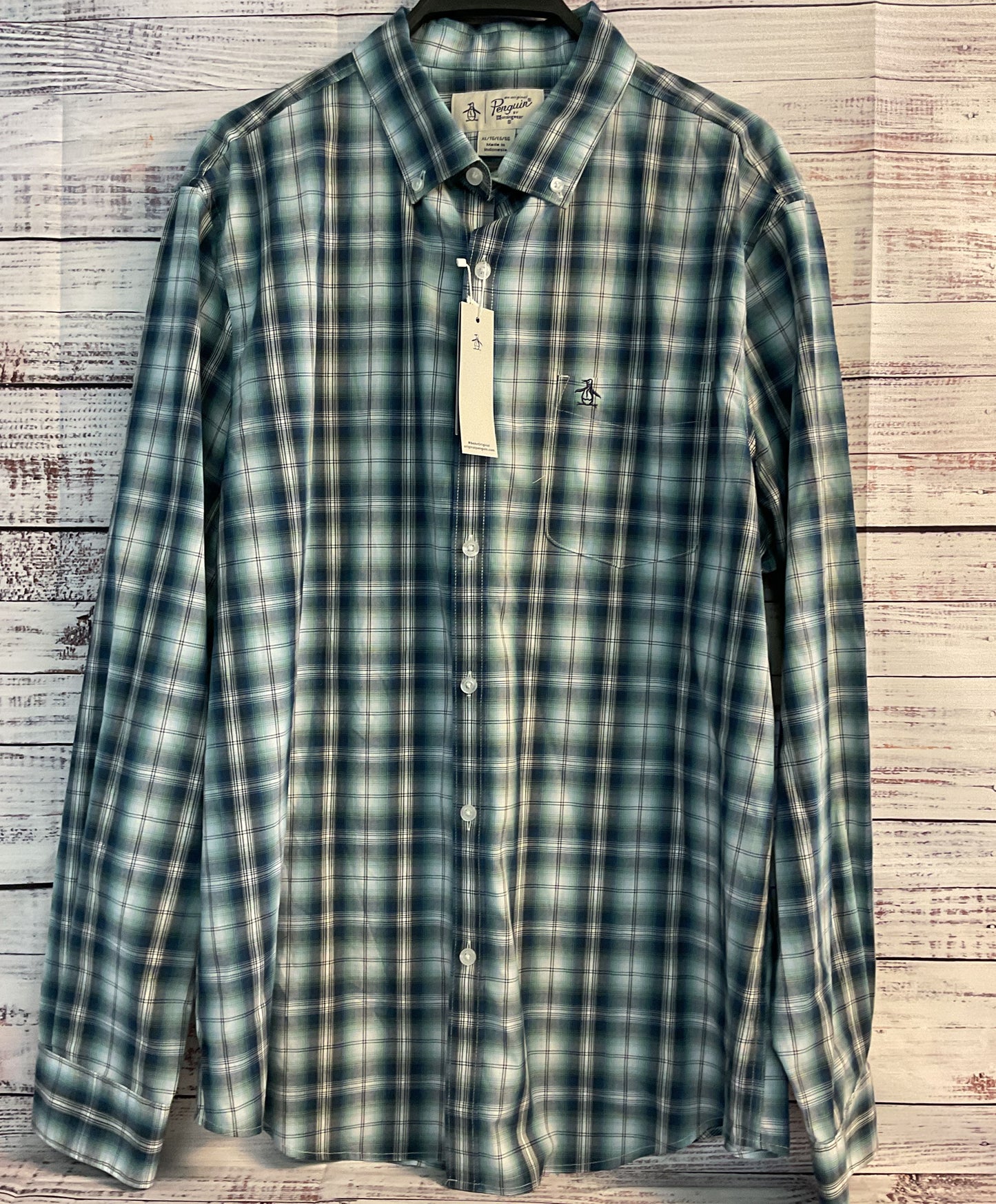 NWT Men's Penguin Blue Green Button Down Shirt Size XL