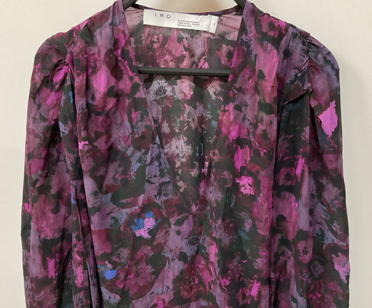 IRO Hush Women's Purple Printed Balloon Sleeve V-Neck Blouse Size 38