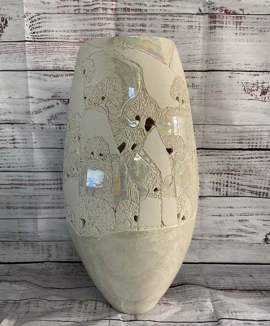 Tim & Erica Peters Lusterware Tree Carved Decorative Vase White Iridescent