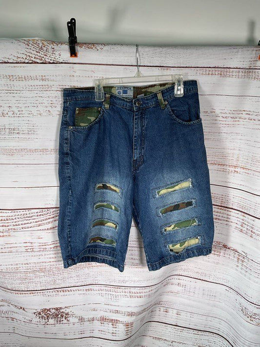 Vintage Evolution Men's Blue Denim Distress Green Camo Size 36 Cotton