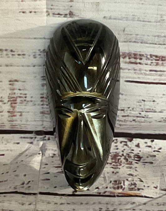 Hand Carved Obsidian Mayan Aztec Tribal Head Black