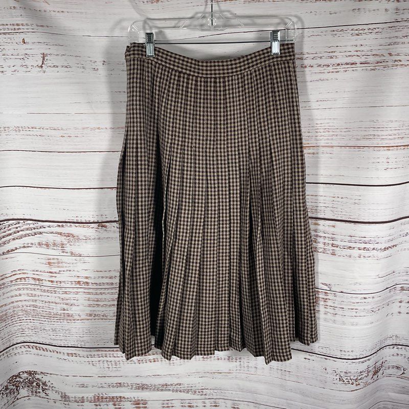 VTG. Jaeger Tan Houndstooth Pleated Wool Skirt - Size 12