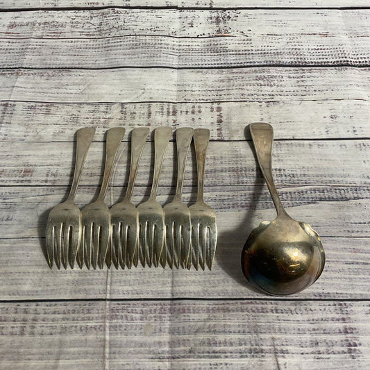 Antique 1908 WM. Rogers Garrick Silver Plate Flatware Set 6 Salad Forks+1 Ladle