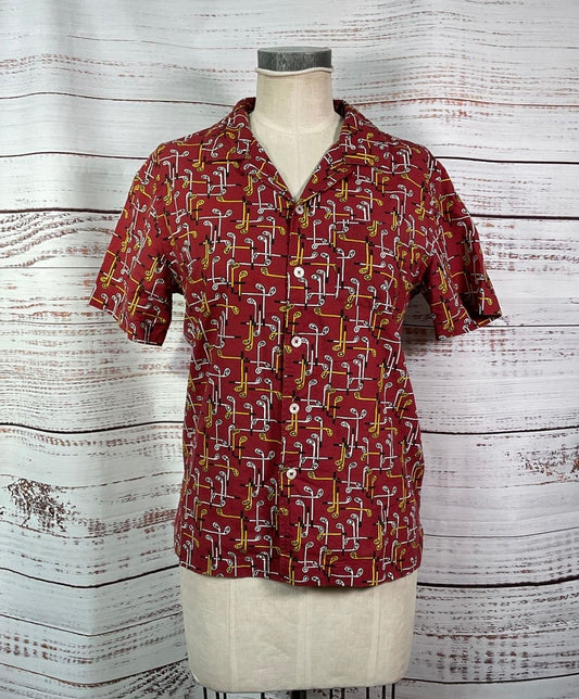Todd Snyder Albiate Red Button-Up T-Shirt Hockey Stick Print - Size Small