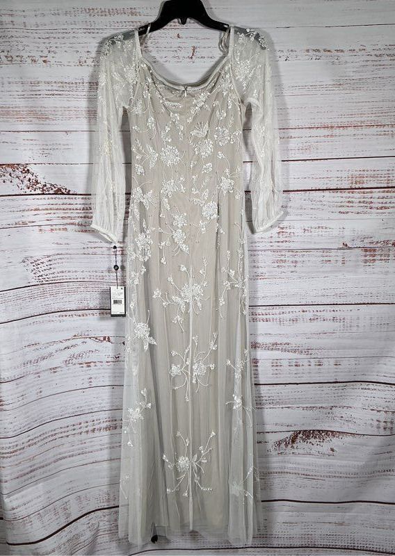 NWT Adrianna Papell Beaded Off Shoulder Gown in Ivory Biscotti Sz 2 Retail $329
