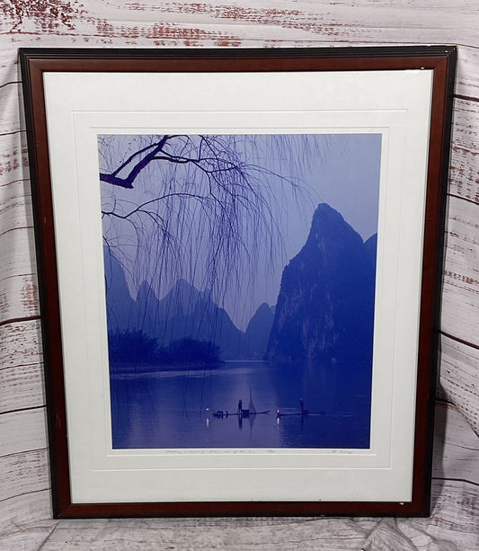 Fishing in the Evening at Li River of Gui Lin Signed by Guo Ji Liang Framed