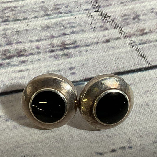 VTG. BOMA Sterling Silver & Onyx Round Stud 15mm Earrings- 7.40g