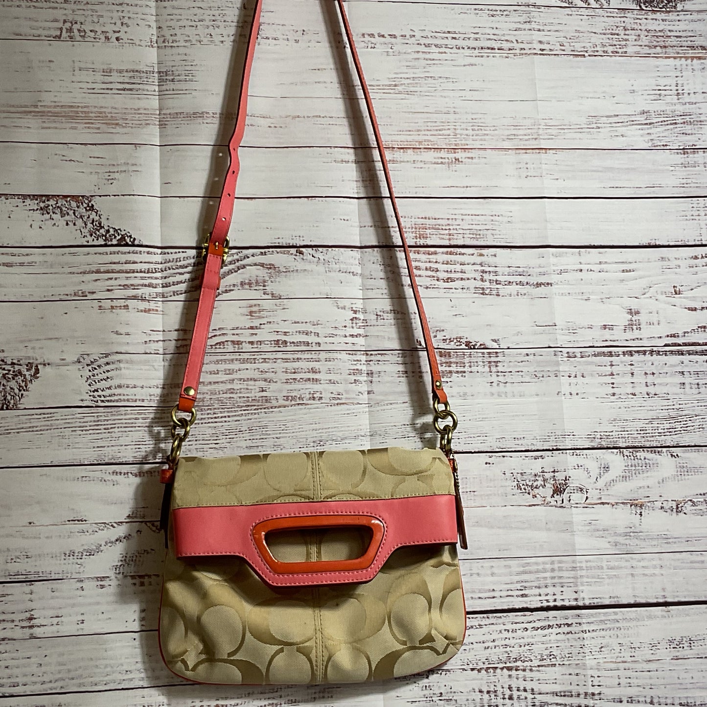 COACH Bonnie Signature Tan Pink/Coral Colorblock Trim Canvas Crossbody/Hand Bag