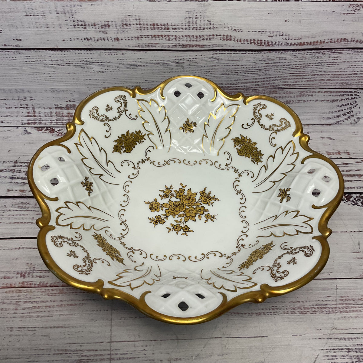 Reichenbach Fine China Ceramic White Footed Floral Design Bowl Gold 11"