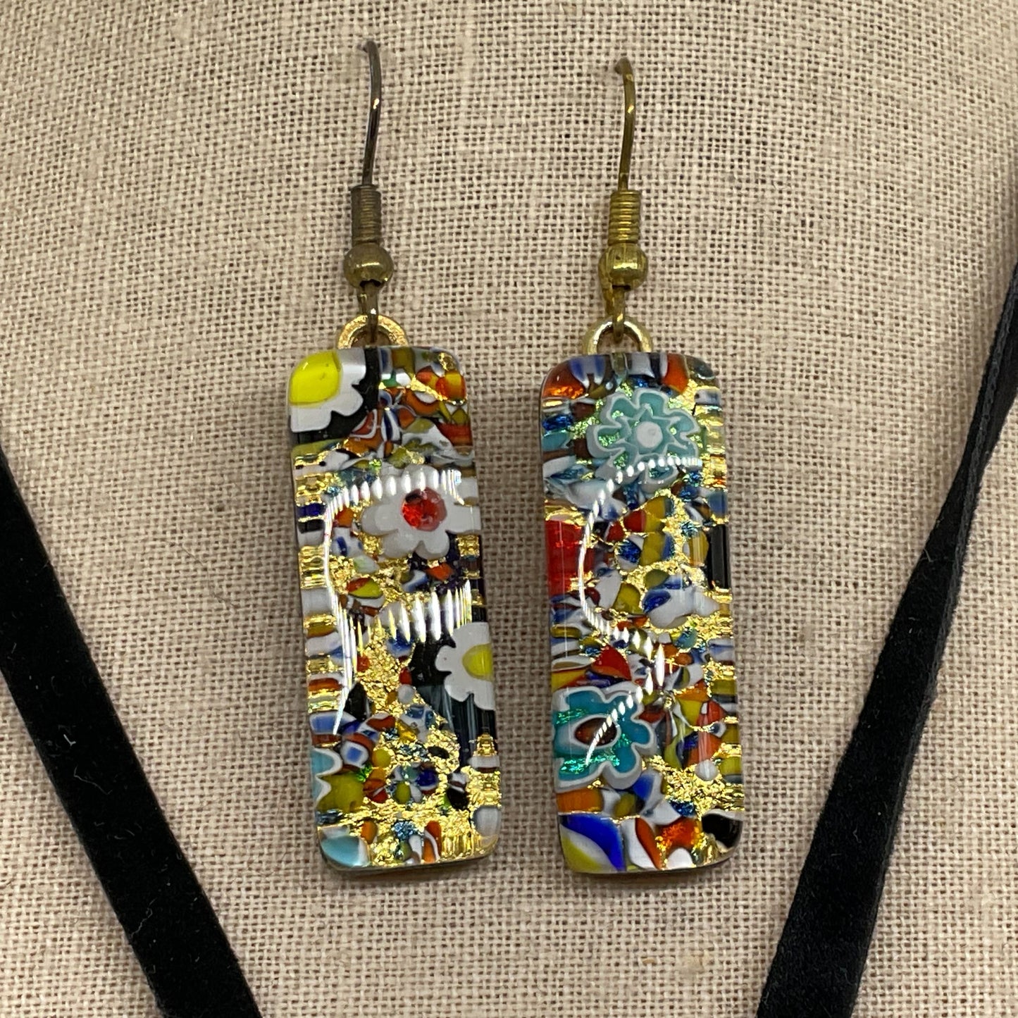 Millefiori Glass Pendant and Earrings Velvet String Necklace & Earring Set