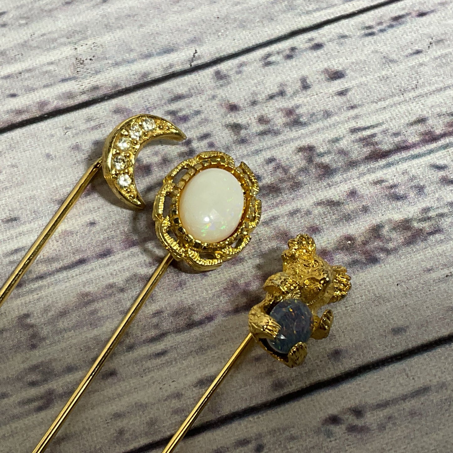 Set of 3 VTG. Gold Tone Bear, Moon, Cabochon Stick Pins