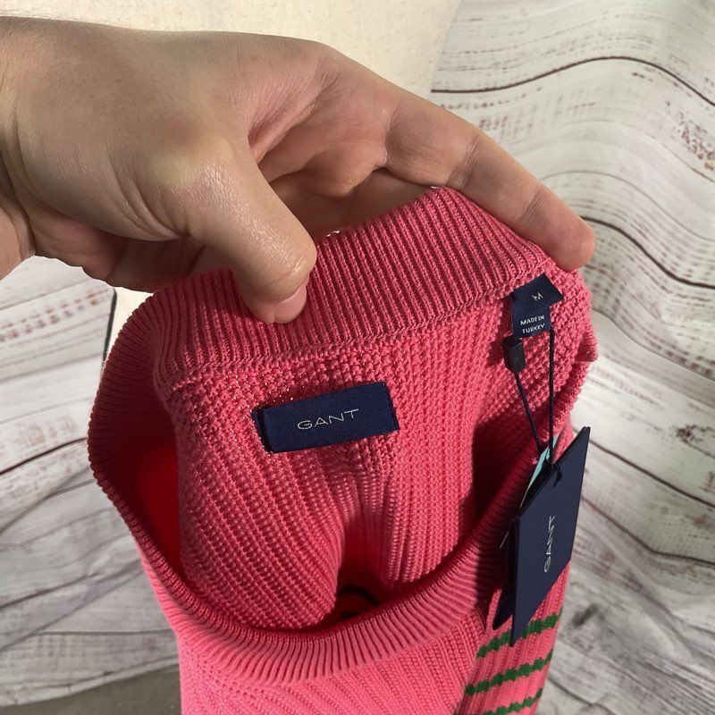 Gant Rapture Rose Pink & Green Striped Ribbed Knit Cotton Sweater - Size M