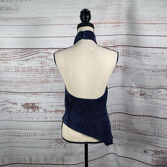 NWT Commense Pleated Navy Blue Assymetrical Halter Top - Size S