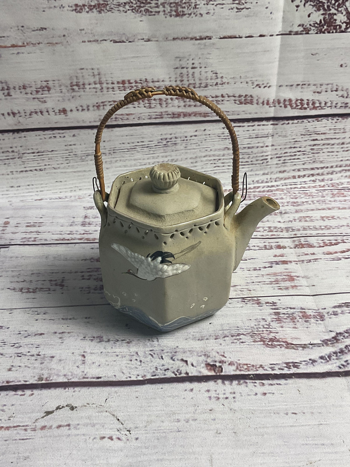 Small Clay Teapot Hand Painted Crane Scenes