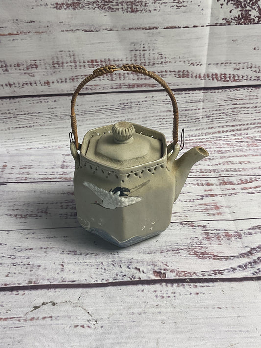 Small Clay Teapot Hand Painted Crane Scenes